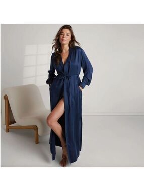 Lunya Women's Silk Long Robe Washable Silk Robe XS/S Luxury Navy Blue